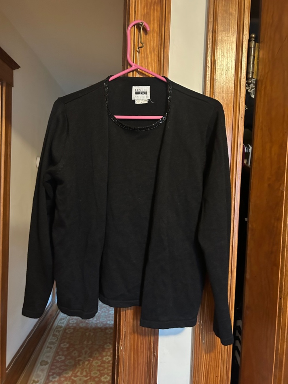 Leslie Fay Black Open-Front Knit Jacket with Beaded Neckline